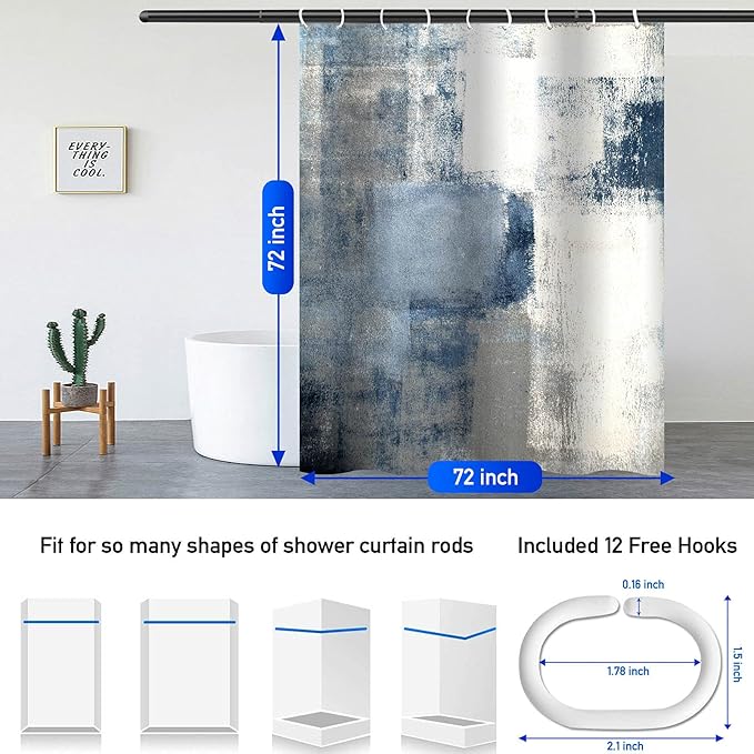 4Pcs Grey Bathroom Shower Curtain Sets with Rugs, Blue and Grey Abstract Painting Gray Retro Bathroom Sets with Shower Curtain and Rugs and Accessories