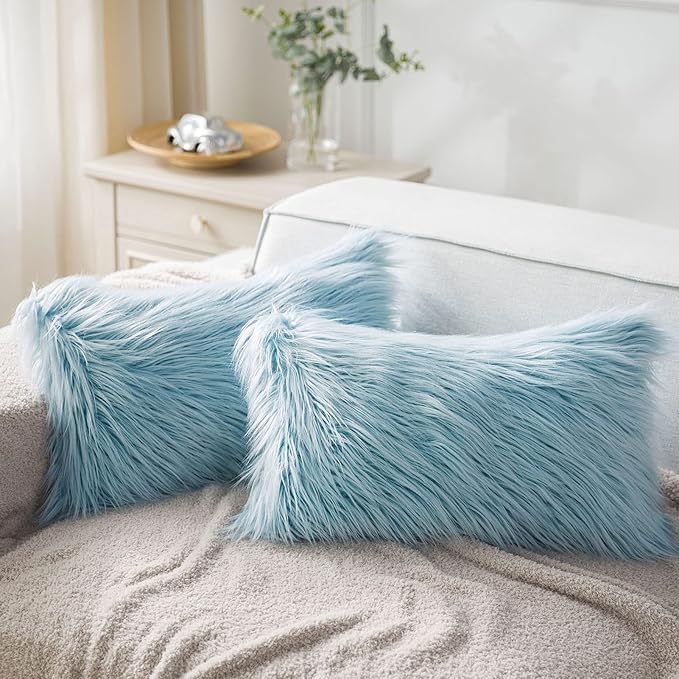 Phantoscope Pack of 2 Faux Fur Solid Throw Decorative Pillow Cover Cushion Covers Luxury Soft Decorative Pillowcase Fuzzy Pillow Covers for Bed/Couch,Light Blue 12 x 20 Inches