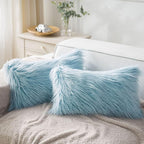 Phantoscope Pack of 2 Faux Fur Solid Throw Decorative Pillow Cover Cushion Covers Luxury Soft Decorative Pillowcase Fuzzy Pillow Covers for Bed/Couch,Light Blue 12 x 20 Inches
