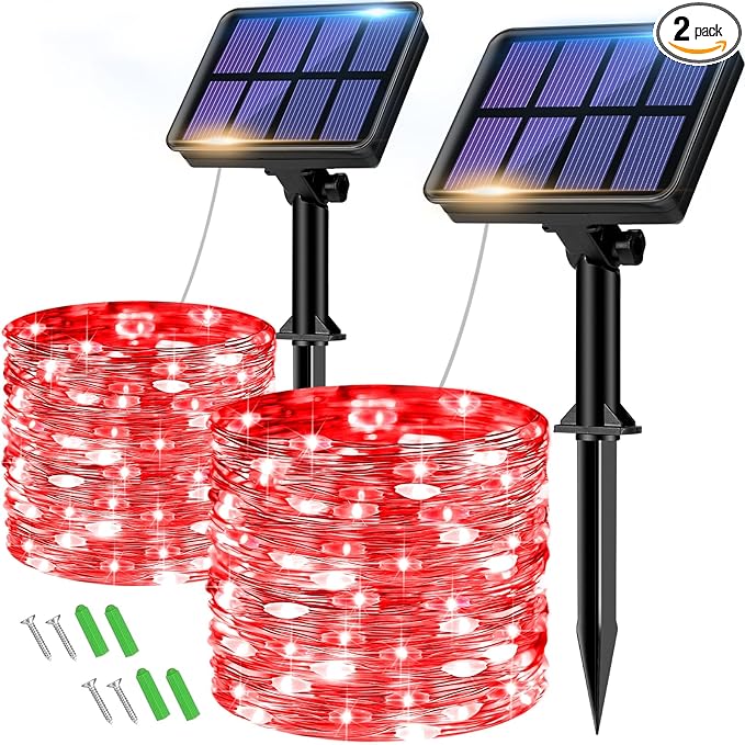 2 Pack Solar String Lights Outdoor - 160LED 66FT Solar Fairy Lights Waterproof 8 Modes, Copper Wire Solar Powered Twinkle Lights for Outside Tree Garden Christmas Wedding Party Decor, Red
