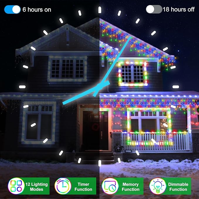 82FT 810 LED Outdoor Christmas Lights - 180 Ice Drops, 12 Modes with Timer Memory Dimmable, Waterproof Hanging Ice String Light for Holiday Wedding Garden Fence House Tree Outside Decor (Multicolor)