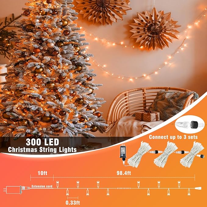 Vivideal 100ft 300 LED Orange Halloween Lights Outdoor Waterproof Halloween String Lights Indoor 8 Modes Clear Wire, Plug in Orange Christmas Light for Xmars Tree Bedroom Thanksgiving Decorations