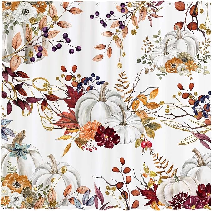 Funnytree 72"x72" Autumn Boho Pumpkins Watercolor Floral Leaves Rustic Fall Thanksgiving Harvest Farmhouse Shower Curtain for Bathroom Decor Machine Washable (Hooks Not Included)