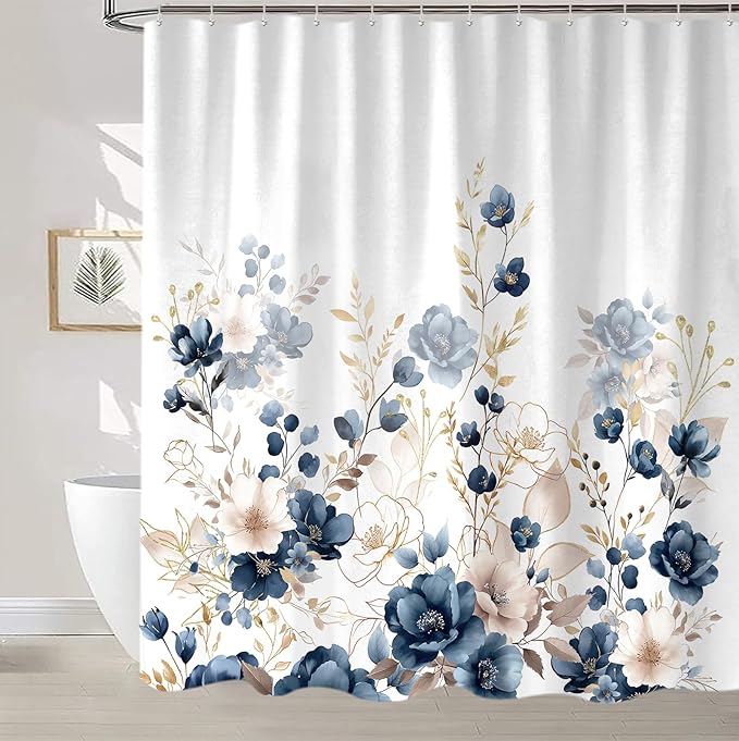Sanzugh Navy Blue and Gold Flower Extra Long Shower Curtain, Boho Watercolor Floral Leaves Cute Fabric Shower Curtains Set for Bathroom Decorative with Hooks 72 X 96 inch Beautiful Bath Decor