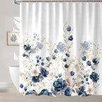 Sanzugh Navy Blue and Gold Flower Extra Long Shower Curtain, Boho Watercolor Floral Leaves Cute Fabric Shower Curtains Set for Bathroom Decorative with Hooks 72 X 96 inch Beautiful Bath Decor