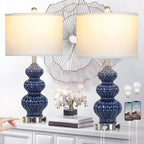 Triple Gourd Ceramic Table Lamps Set of 2, Modern Blue Bedside Lamps with USB A+C Ports & AC Outlet, 3 Way Touch Control Contemporary Nightstand Lamps for Bedroom Living Room