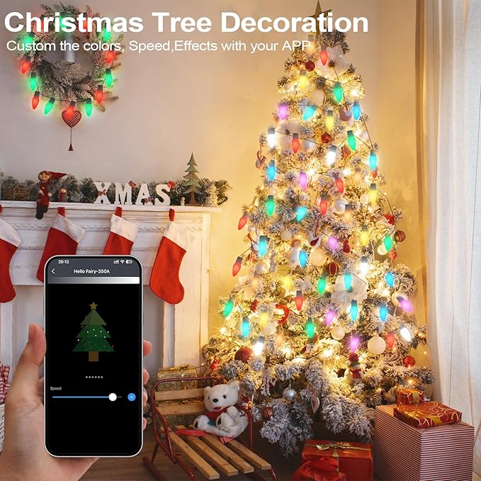 Christmas Outdoor Lights C9 66FT 100 LEDs, Smart APP Remote Control RGB String Lights Plug in, DIY Chasing Xmas Lights, Color Changing with Timer & Music Sync for Holiday Xmas Tree Decoration