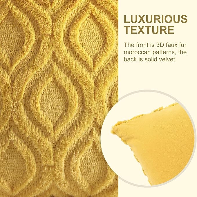 decorUhome Throw Pillow Covers 12x20 Inch Set of 2, Soft Plush Decorative Faux Fur Mustard Yellow Solid Couch Pillow Covers, Accent Farmhouse Neutral Lumbar Euro Pillow Cases for Sofa Bed Living Room