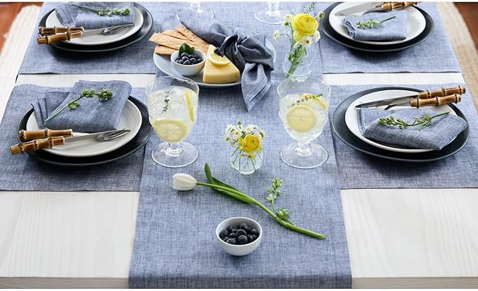 Solino Home Linen Chambray Indigo Table Runner 132 Inches Long - Athena, 100% Pure Linen Dining Table Runner 14 x 132 Inch for Christmas