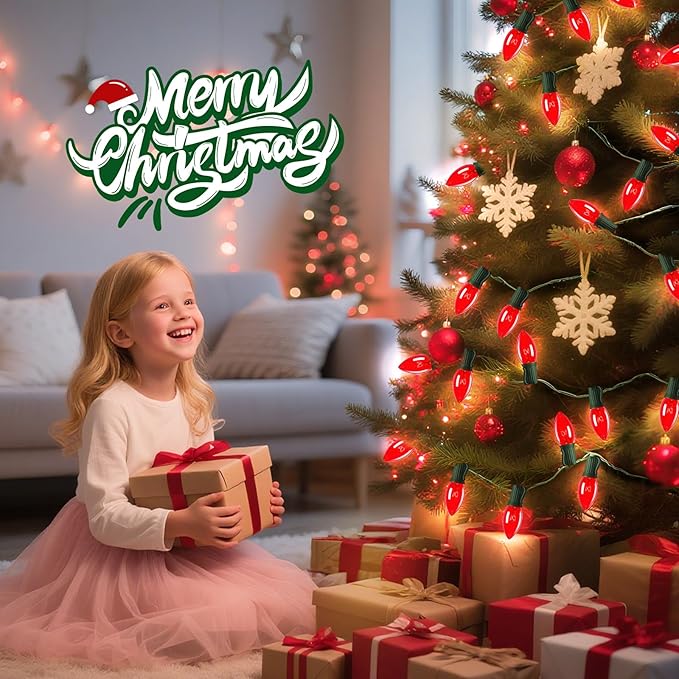 C9 Christmas String Light Red, 50ft Vintage Christmas Tree Lights, Outdoor Roofline String Lights with 50+2 Red Bulbs for Patio Garden Holiday Indoor Home Xmas Decoration, Green Wire