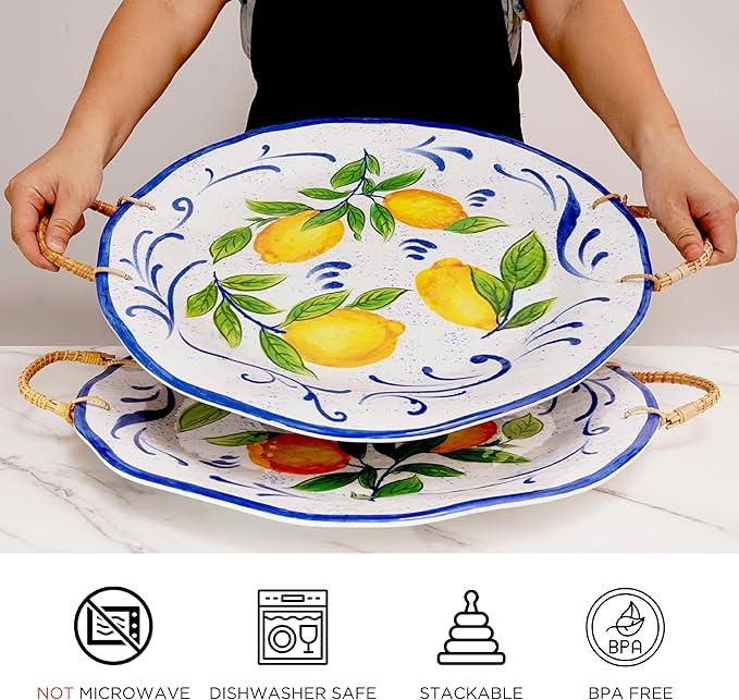 TP 19" Large Serving Tray with Rattan Handle, Melamine Round Serving Platters, Decorative Trays for Kitchen, Parties, Entertaining, Set of 2