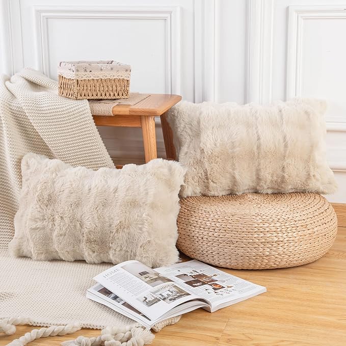 MADIZZ Pack of 2 Thick Plush Wool Throw Pillow Covers 12x20 Inch Beige Soft Neutral Decorative Throw Pillows Accent Boho Cushion Covers for Couch Sofa Bedroom Pillow Shell
