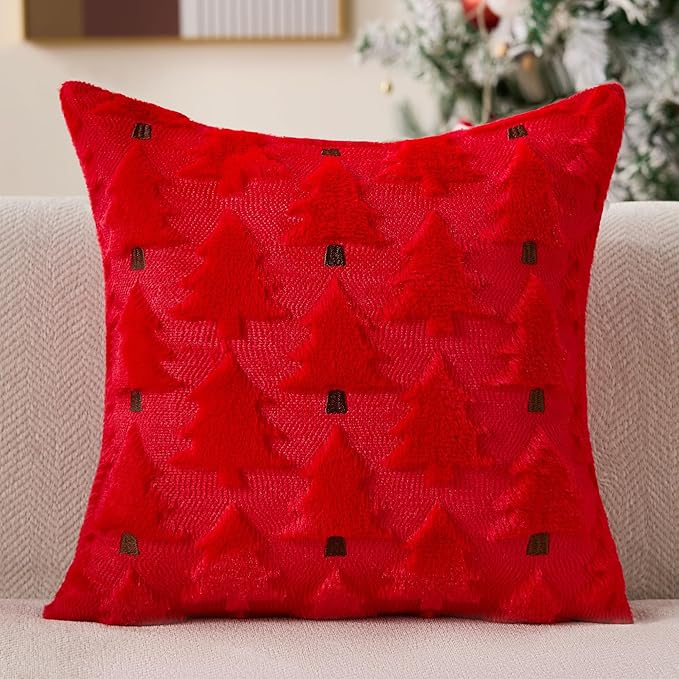 Christmas Pillow Covers 18x18 inch Set of 2 Christmas Decorations Soft Plush Faux Fur Wool Red Xmas Tree Throw Pillow Cases Winter Holiday Decor for Sofa Living Room PT012Q18