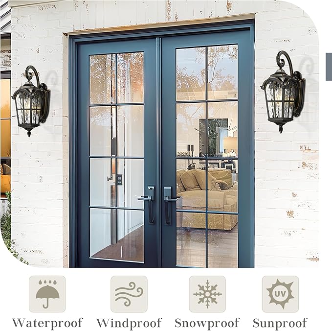 Emliviar Vintage Outdoor Lighting Fixture Wall Sconces with Water Ripple Glass, 17.5" Front Porch Wall Lantern, Black Finish with Gold Edges, WE215B-SW BG
