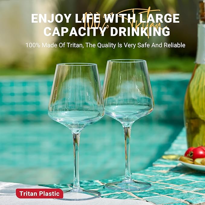 MICHLEY Floating Wine Glasses for Pool 15 OZ Unbreakable Tritan Plastic Stemmed Red Wine Glasses Ideal for Beach Bar Camping Dishwasher Safe, Set of 4