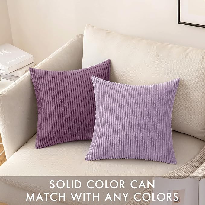 MIULEE Winter Pack of 2 Corduroy Pillow Covers Soft Soild Cushion Cases Decorative Square Throw Pillow Covers Lavender Pillowcases for Sofa Bedroom Car 18 x 18 Inch 45 x 45 Cm