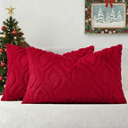 decorUhome Christmas Throw Pillow Covers 12x20 Inch Set of 2, Soft Plush Decorative Faux Fur Red Solid Couch Pillow Covers, Accent Farmhouse Neutral Lumbar Euro Pillow Cases for Sofa Bed Living Room