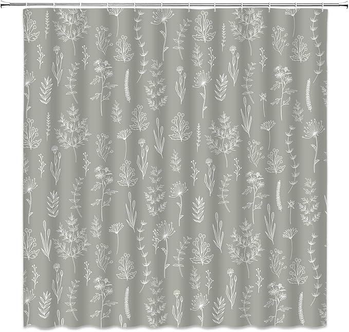 Grey Botanical Shower Curtain Vintage Herbs Floral Farmhouse Cute Boho Leaves Plant Retro Flowers Bathroom Curtain Set with Hooks(74.8" Wx70 H)