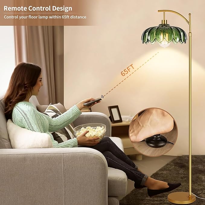 Gold Floor Lamps for Living Room,Glass Floor Lamp with Remote Control & Green Lampshade,Arc Flower Floor Lamp Dimmable Mid Century Modern Standing Lamp Vintage Brass Tall Lamp For Bedroom Corner