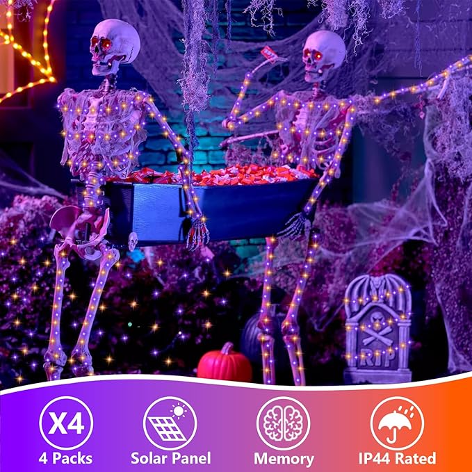 QITONG 4 Pack Orange and Purple Solar Fairy Lights, Each 33ft 100 LED Halloween Lights Outdoor Waterproof, 8 Modes Copper Wire Solar String Lights