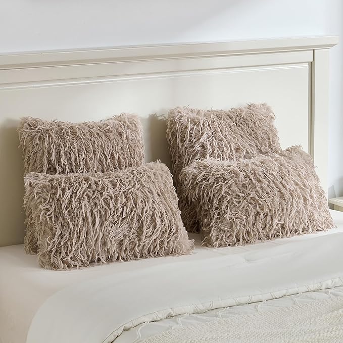 FUTEI Khaki Decorative Throw Pillow Covers 18x18 Inch Set of 2,Soft Fluffy Faux Feather Texture Cushion Cases,Modern Home Luxury Decor for Couch Bed Living Room