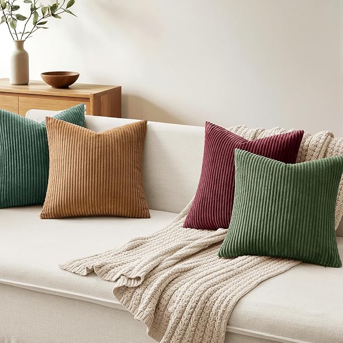 MIULEE Boho Farmhouse Christmas Green Throw Pillow Covers 18x18 Inch Set of 4 Mordern Nordic Cushion Covers Soft Corduroy Home Decor for Couch Bed Sofa Living Room