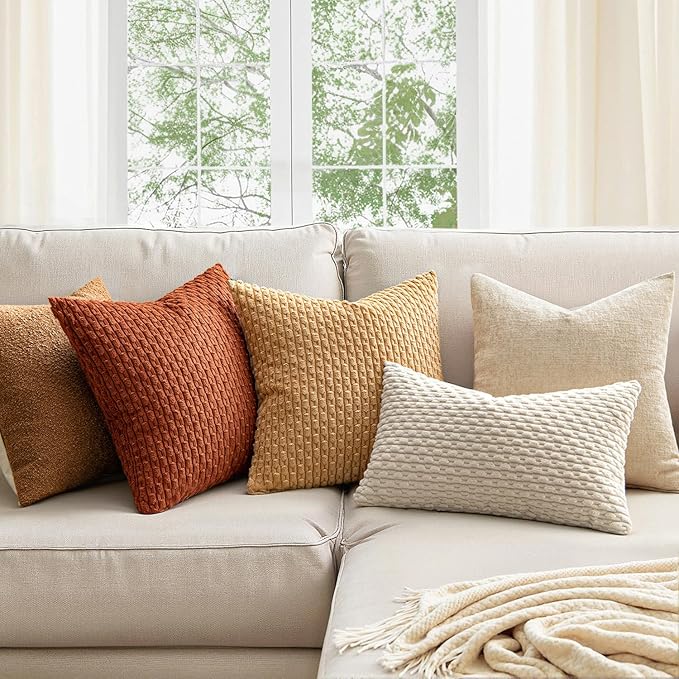 MIULEE Rust Throw Pillow Covers Soft Corduroy Decorative Set of 2 Boho Striped Pillow Covers Pillowcases Farmhouse Home Decor for Couch Bed Sofa Living Room 16x16 Inch