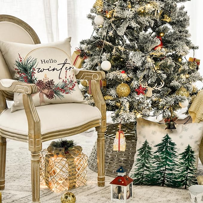 AVOIN colorlife Merry Christmas Trees Reindeer Snowflake Throw Pillow Covers, 20 x 20 Inch Xmas Red Berries Hello Winter Holiday Cushion Case Decoration for Sofa Couch Set of 4