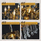 Luxury Copper Crystal Chandelier, 30" Vintage K9 Crystal Pendant Light with 8 Lights, Antique Brass Finish Ceiling Light Fixture with Scrolled Arms for Dining Room Living Room Foyer Villa Hotel