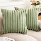 Double-Sided Faux Fur Plush Throw Pillow Covers 20x20 Set of 2 Fuzzy Striped Soft Cozy Pillowcase Luxury Decorative Pillows Square Shaggy Cushion Covers for Couch Sofa Bed,Sage Green