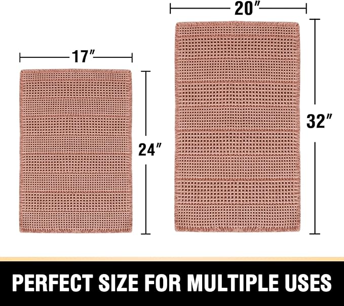 H.VERSAILTEX Waffle Bath Mat Super Absorbent Bathroom Mats Non Slip Bath Rugs for Bathroom Floor Machine Washable Ultra Soft Bathroom Rugs for Beside Tub, (32 x 20 Plus 24 x 17 - Inches, Soft Pink)