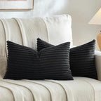 Fancy Homi Set of 2 Black Boho Small Lumbar Decorative Throw Pillow Cover 12x20 Inch for Couch Bed Chair, Aesthetic Modern Bohemian Room Decor, Soft Fluffy Corduroy Rectangle Cushion Case 30x50cm
