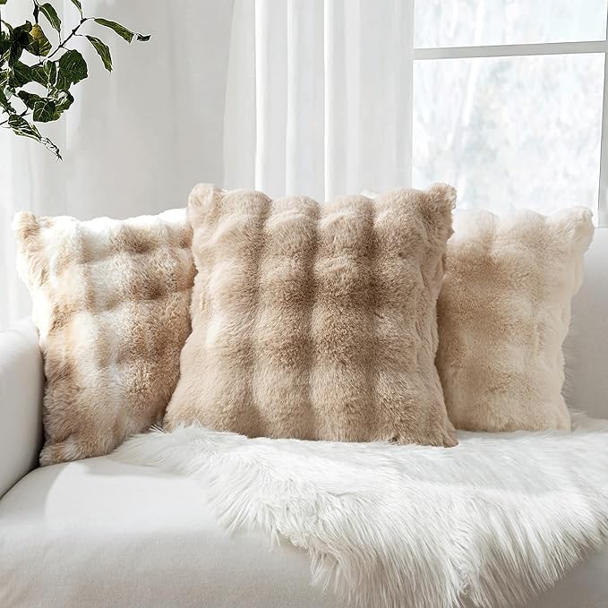 MIULEE Pack of 2 Decorative Pillow Covers Thick Soft Plush Faux Fur Throw Pillows Luxury Home Decor for Couch Bedroom Living Room Sofa,20x20 Inch Khaki