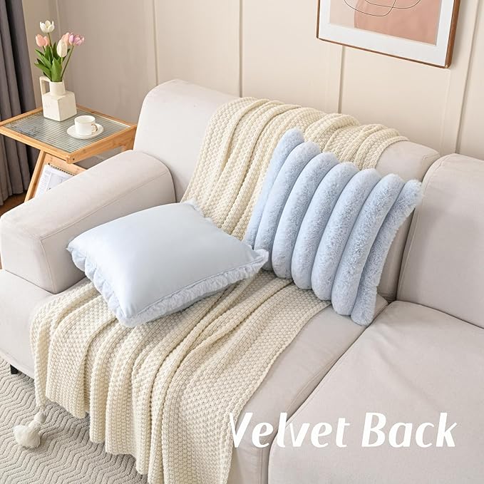 FUTEI Light Blue Decorative Throw Pillow Covers 20x20 Inch Set of 2, Square Soft Faux Rabbit Fur Big Striped Cushion Cover,Home Decor for Couch Sofa Bed Living Room