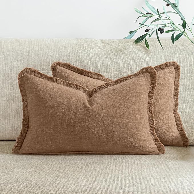 Woaboy Decorative Linen Fringe Throw Pillow Covers Boho Farmhouse Soft Lumbar Cushion Covers Accent Pillowcases with Tassels for Living Room Couch Sofa Bed Chair,12x20 Inch Set of 2,Brown