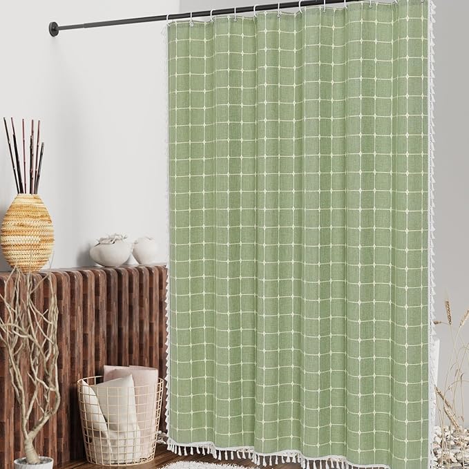 MitoVilla Long Shower Curtain Set 72 x 78, Boho Farmhouse 78 inch Long Polyester Linen Tassel Ultra Thick Heavy Duty Fabric Shower Curtains for Cottagecore French Rustic Bathroom Decor, Sage Green