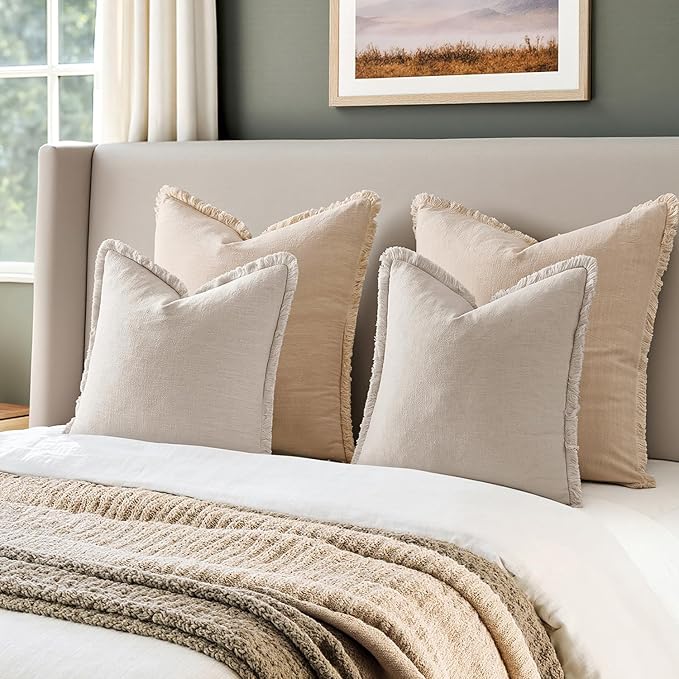 EMEMA Linen Fringe Throw Pillow Covers Set of 2 Boho Farmhouse Accent Decorative Pillowcase with Tassels for Couch Sofa Bed Living Room Home Decor 18x18 Inch,Natural Beige