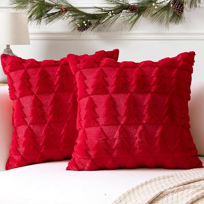 OTOSTAR Set of 2 Xmas Soft Plush Short Wool Velvet Decorative Throw Pillow Covers Square Luxury Style Cushion Case Pillow Shell for Sofa Bedroom Christmas Tree Red, 12x12 Inch