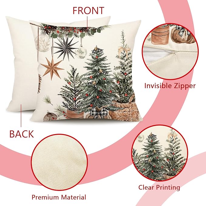 4TH Emotion Christmas Trees Pillow Covers 18x18 Inch Set of 2, Boho Xmas Farmhouse Decorations Winter Holiday Decor Throw Cushion Case for Home Couch S24C38