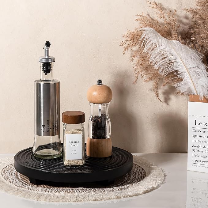 Round Decorative Tray Farmhouse Bathroom Decor Wood Riser Kitchen Countertop Organizer for Perfume, Candle, Plant, 9 inch Black