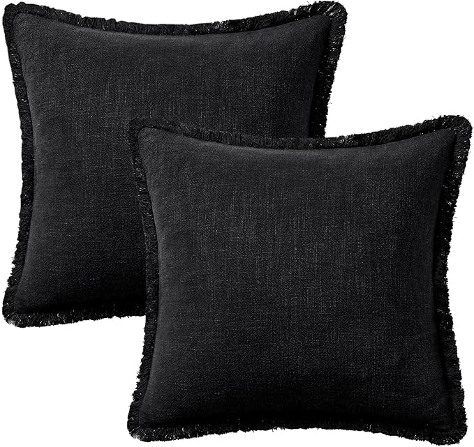 Woaboy Decorative Linen Fringe Throw Pillow Covers Boho Farmhouse Soft Cushion Covers Accent Pillowcases with Tassels for Living Room Couch Sofa Bed Chair,18x18 Inch Set of 2,Black