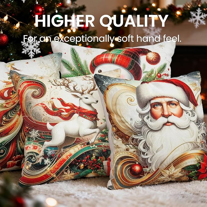 Christmas Throw Pillow Covers 20x20 Set of 4 Winter Holiday Decorative Pillowcase Reindeer Snowman Christmas Tree Santa Farmhouse Home Decor for Sofa Couch Cushion