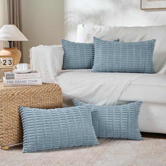 Fancy Homi 1 Pack Boho Light Blue Decorative Throw Pillow Covers 12x24 Inch for Couch Bed Sofa, Rustic Modern Farmhouse Home Decor, Soft Plush Corduroy Cute Rectangle Cushion Case 30x60 cm