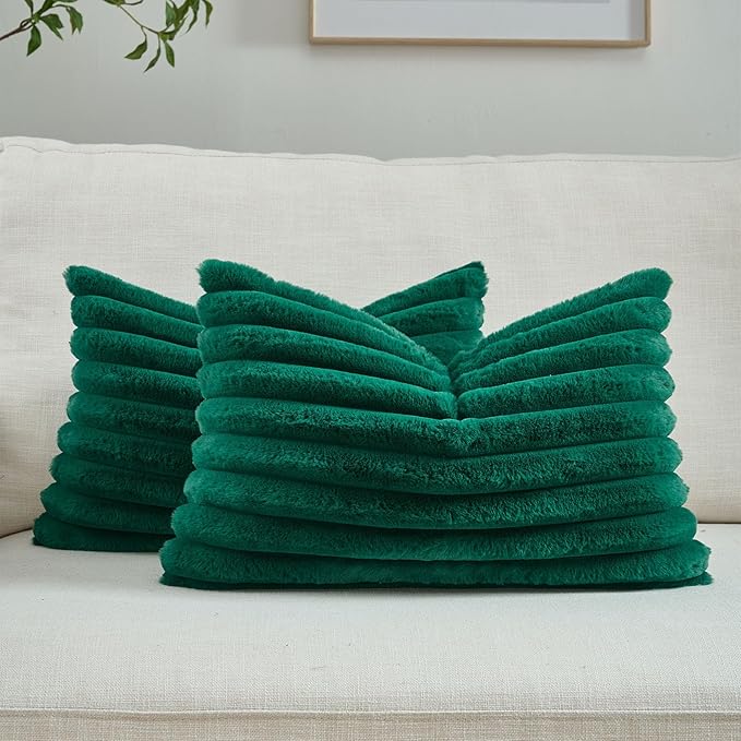 FUTEI Emerald Green Striped Decorative Throw Pillow Covers 12x20 Inch Set of 2,Rectangle Winter Decorations Couch Lumbar Pillowcase,Soft Cozy Faux Rabbit Fur & Velvet Back,Modern Home Decor for Bed
