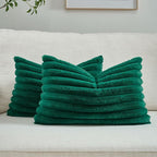 FUTEI Emerald Green Striped Decorative Throw Pillow Covers 12x20 Inch Set of 2,Rectangle Winter Decorations Couch Lumbar Pillowcase,Soft Cozy Faux Rabbit Fur & Velvet Back,Modern Home Decor for Bed