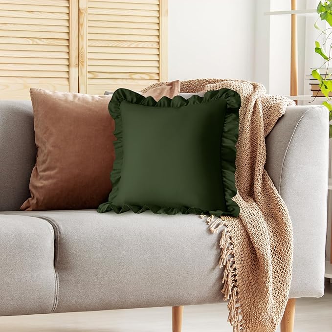 KKJIAF Ruffle Pillow Cases 24x24 Inches, Olive Green Square Ruffled Pillow Covers Set of 2, Microfiber Wrinkle Resistant Pillow Shams with Envelope Closure for Sofa Bed Living Room