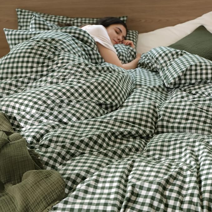 MooMee Gingham Duvet Cover Set 100% Washed Cotton Linen Like Textured Breathable Durable Soft Comfy Modern Checkered Design (Forest Green Gingham, Oversized Queen 98"x98")