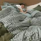 MooMee Gingham Duvet Cover Set 100% Washed Cotton Linen Like Textured Breathable Durable Soft Comfy Modern Checkered Design (Forest Green Gingham, Cal King 104"x98")