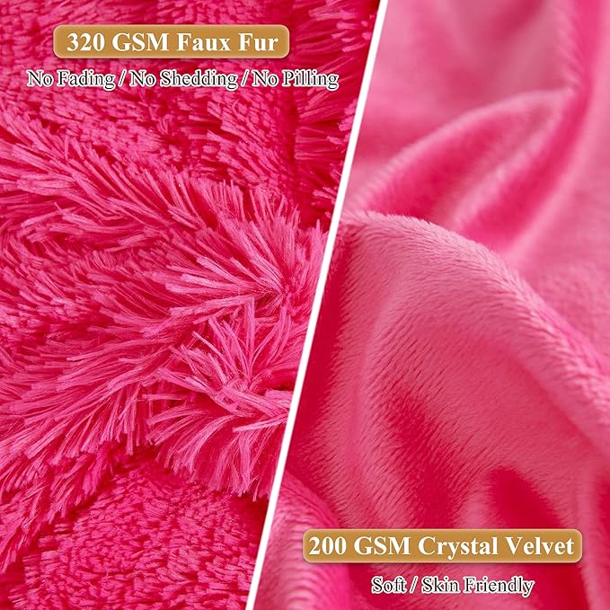 XeGe Faux Fur Fluffy Pillow Cases, Soft Plush Shaggy Furry Hot Pink Pillowcases, Velvet Fuzzy Decorative Throw Pillow Covers for Bed Couch, Zipper Closure, Set of 2(Standard Size, Hot Pink)