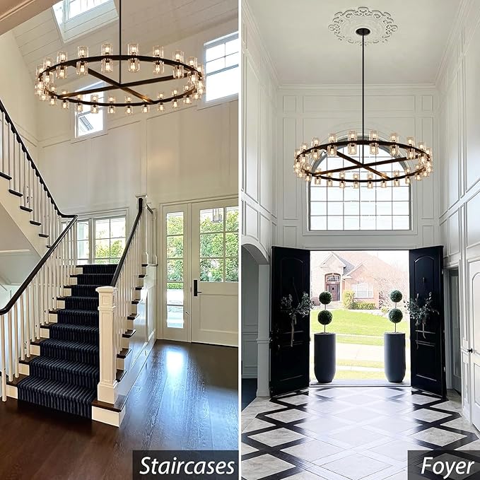 Modern 48 inch Black Round Chandeliers Light Fixture, Crystal Chandeliers for Dining Room, Living Room Chandelier, Wagon Wheel Chandelier Over Table, Suitable for Bedroom,Foyer,Includes Bulb